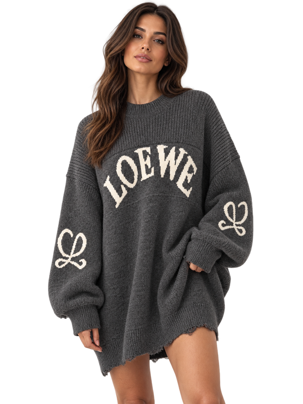 Дамска плетена рокля LOEWE в тъмносив цвят – Oversized модел
