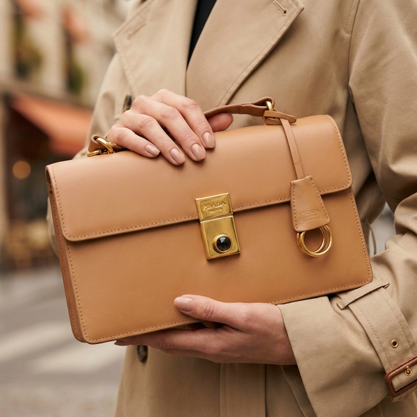 Дамска чанта Prada –  Leather Shoulder Bag with Gold Lock