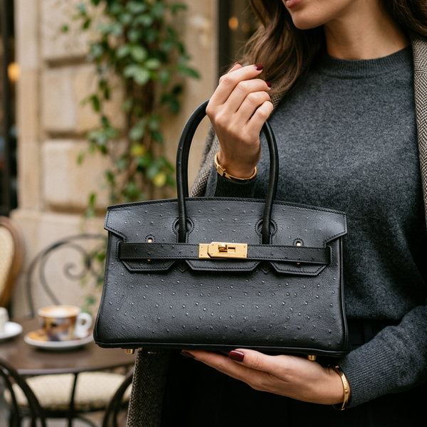 Дамска чанта Hermès Birkin Style Bag – Black Ostrich Leather (Gold Hardware)