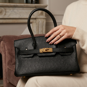 Дамска чанта Hermès Birkin Style Bag – Black Ostrich Leather (Gold Hardware)