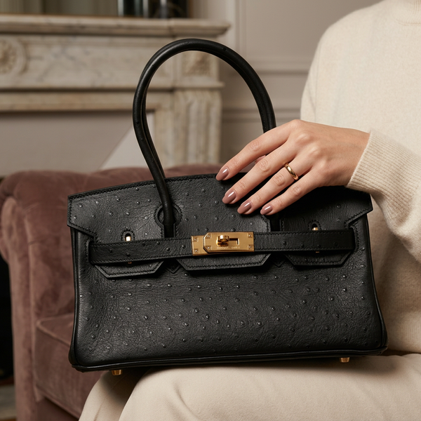Дамска чанта Hermès Birkin Style Bag – Black Ostrich Leather (Gold Hardware)
