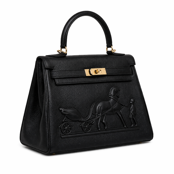 Hermès Kelly – Дамска черна чанта с релефен Horse & Carriage мотив
