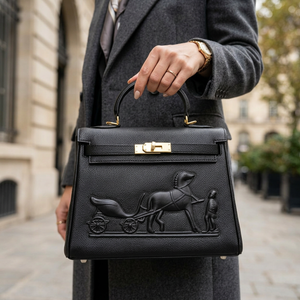 Hermès Kelly – Дамска черна чанта с релефен Horse & Carriage мотив