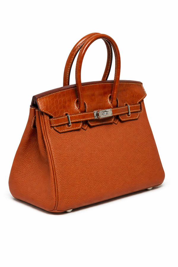 Дамска чанта Hermès Birkin Style Bag –  Cognac Leather with Croc Detail