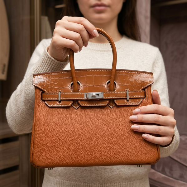 Дамска чанта Hermès Birkin Style Bag –  Cognac Leather with Croc Detail