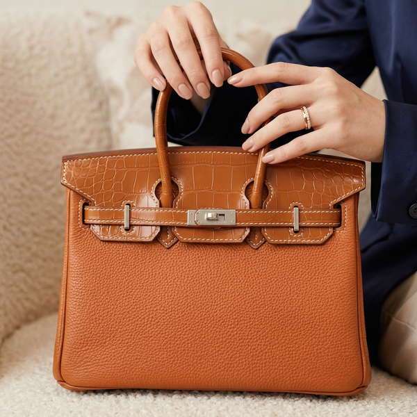 Дамска чанта Hermès Birkin Style Bag –  Cognac Leather with Croc Detail