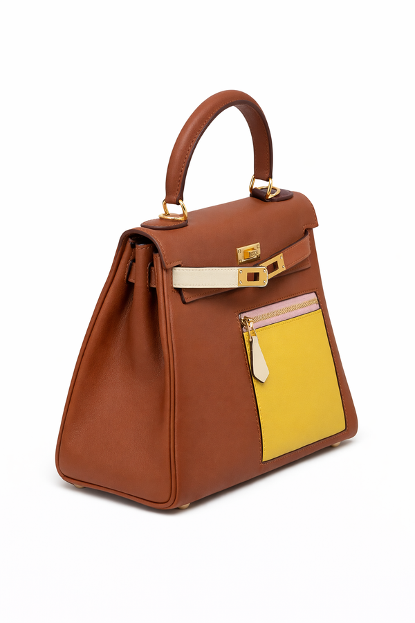 Дамска чанта Hermès Kelly Style Bag – Cognac Leather with Color Block Pocket