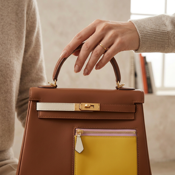 Дамска чанта Hermès Kelly Style Bag – Cognac Leather with Color Block Pocket