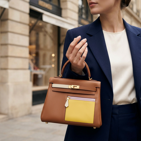 Дамска чанта Hermès Kelly Style Bag – Cognac Leather with Color Block Pocket