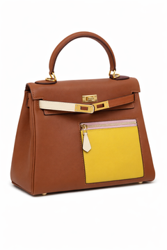 Дамска чанта Hermès Kelly Style Bag – Cognac Leather with Color Block Pocket