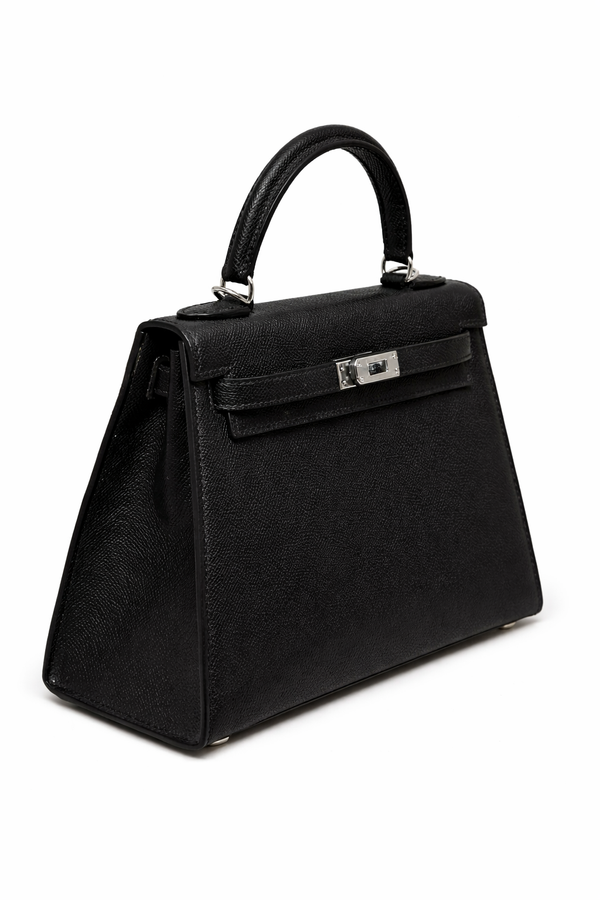 Hermès Kelly – Дамска черна чанта със сребрист обков