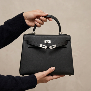 Hermès Kelly – Дамска черна чанта със сребрист обков
