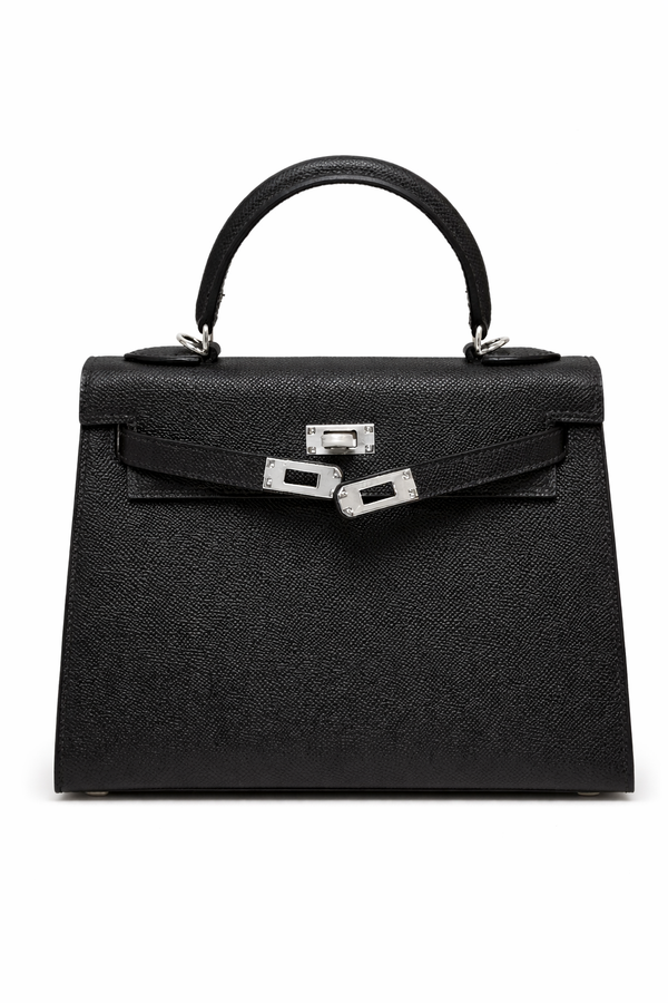 Hermès Kelly – Дамска черна чанта със сребрист обков