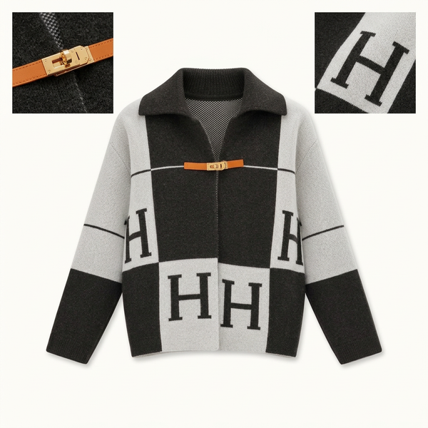 Дамска жилетка Hermès – черно и бяло с H мотиви
