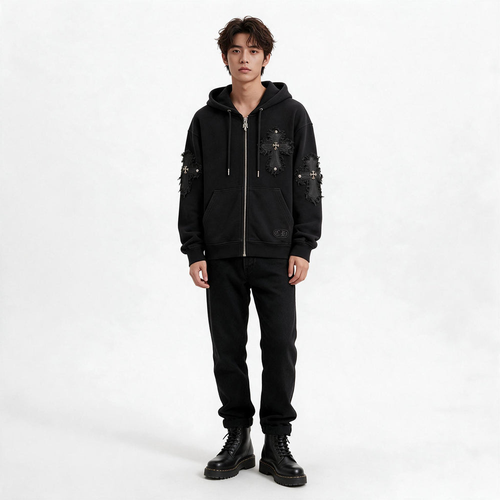 Мъжки суитшърт Chrome Hearts с качулка и декоративни кръстове – черен