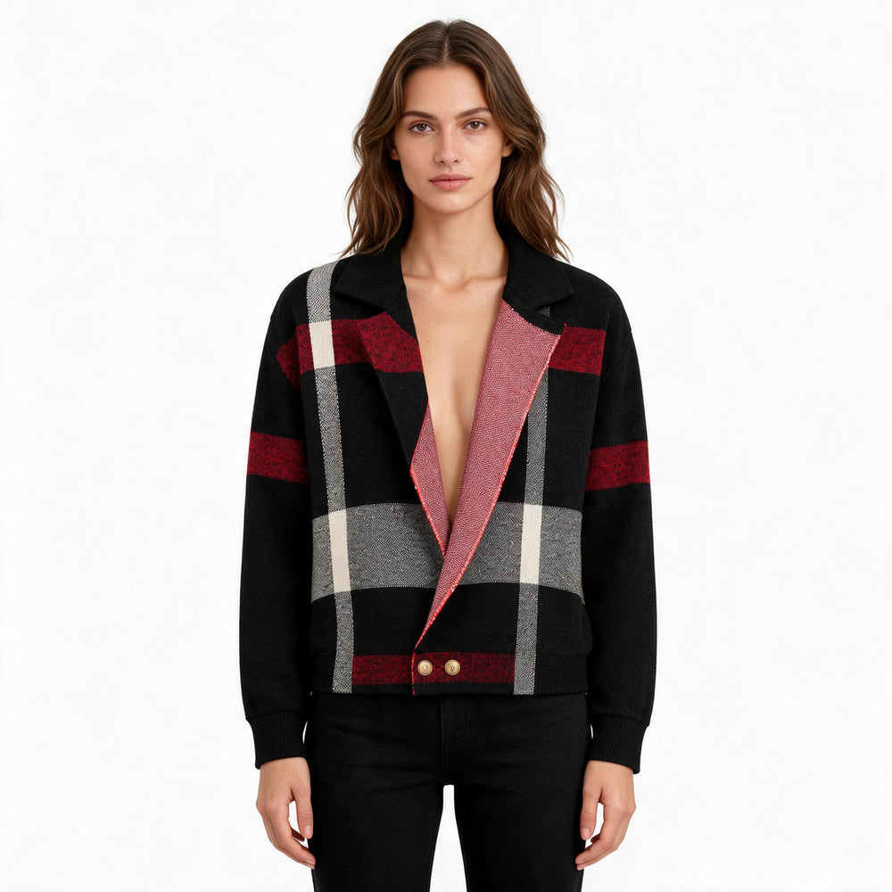 Дамска жилетка Burberry тип сако – каре в черно, червено и сиво