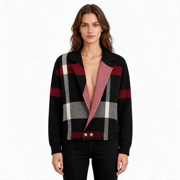 Дамска жилетка Burberry тип сако – каре в черно, червено и сиво