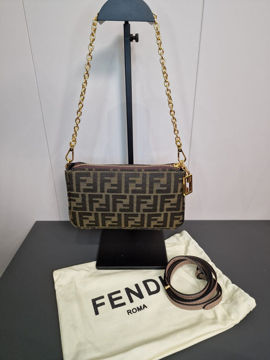 Fendi Дамска Чанта от Плат с Две Презрамки – Една Синджир и Една Кожена